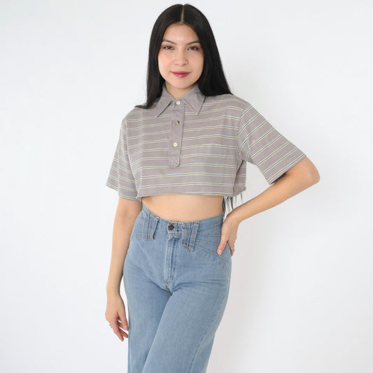 90s Christian Dior Polo Shirt Grey Striped Crop Top Small S