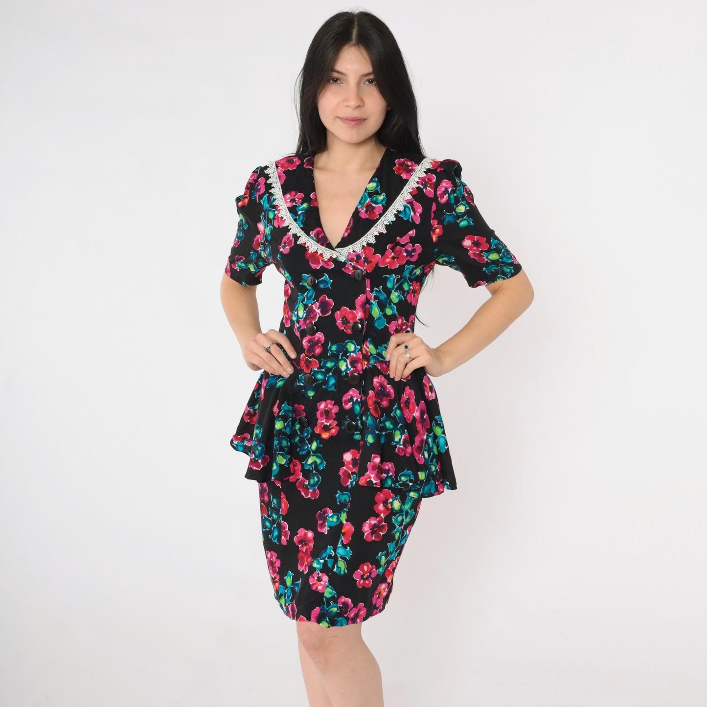 80s Milarzo Floral Peplum Mini Dress Black Double Breasted Puff Sleeve Small