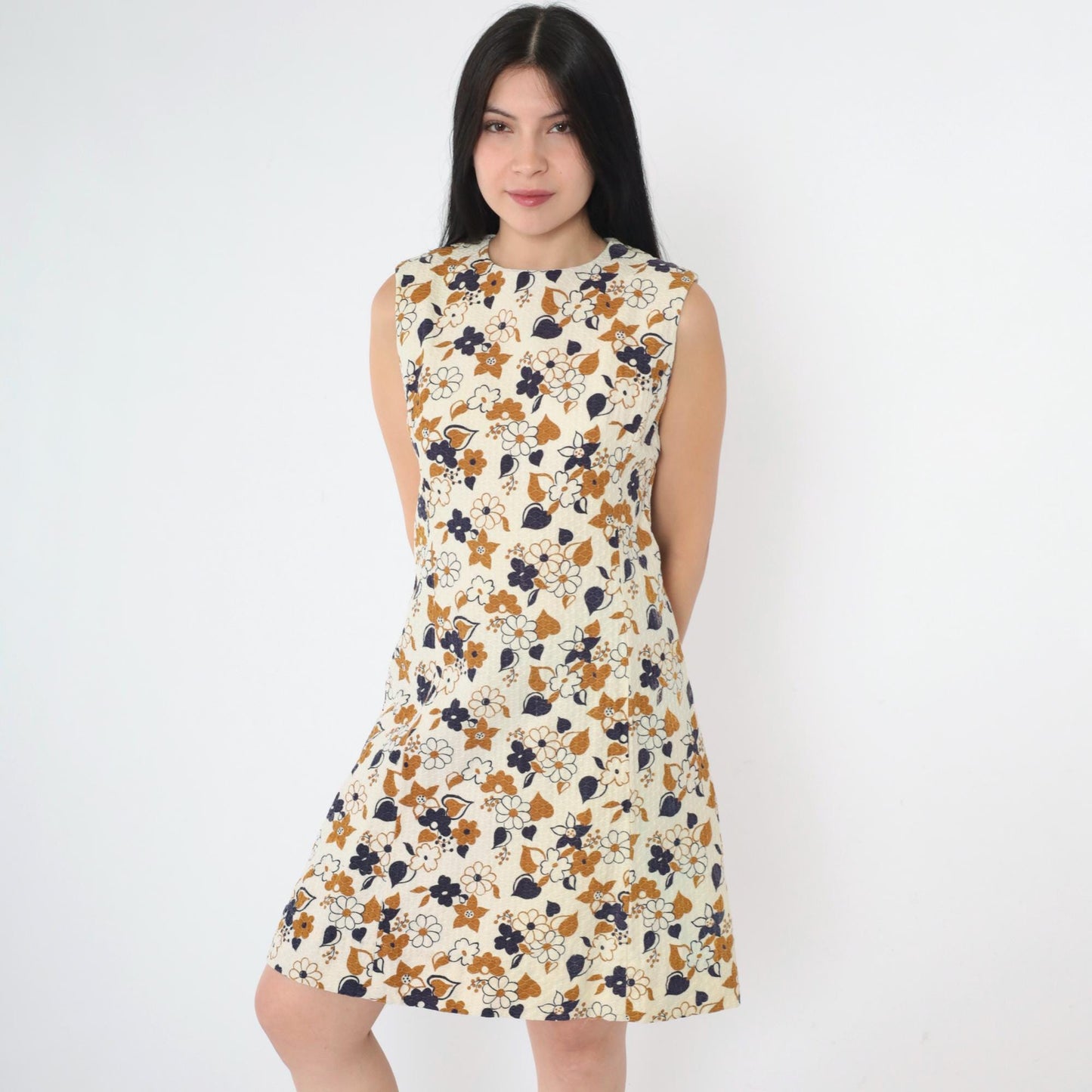 60s Mod Floral Mini Shift Dress Cream Blue Brown Honeycomb Small S