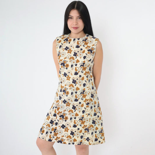 60s Mod Floral Mini Shift Dress Cream Blue Brown Honeycomb Small S
