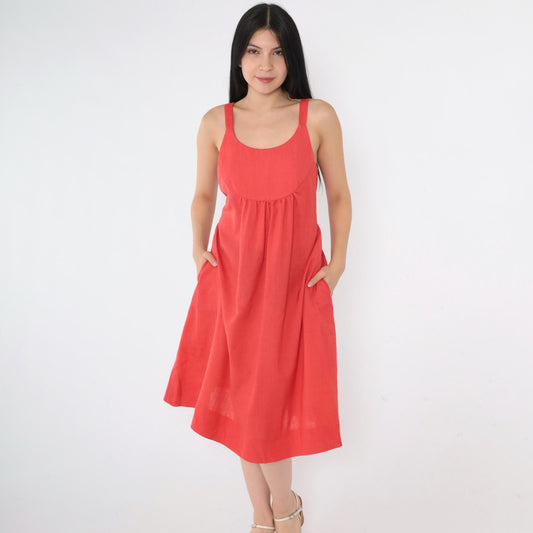 70s Red Empire Waist Sundress Tank Strap Scoop Neck Pockets Small