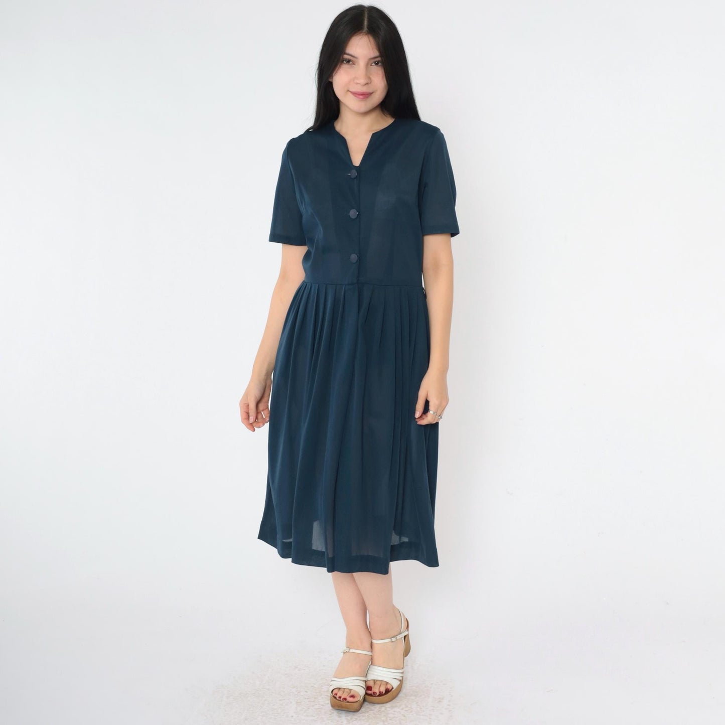 60s Navy Shirtdress Pleated Midi Button-Up High Waist Small