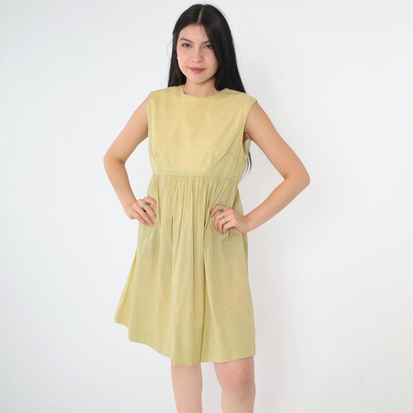 1960s Yellow Gingham Empire Waist Mini Dress Sleeveless Small Medium