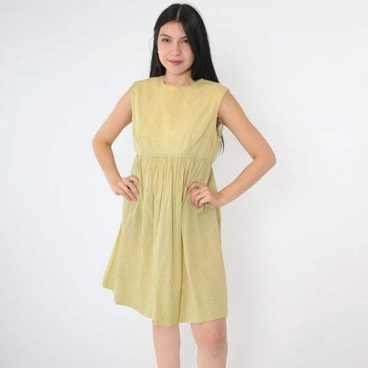 1960s Yellow Gingham Empire Waist Mini Dress Sleeveless Small Medium