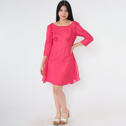 60s Pink Chiffon Mini Dress Empire Waist Floral Applique Long Sleeve Extra Small