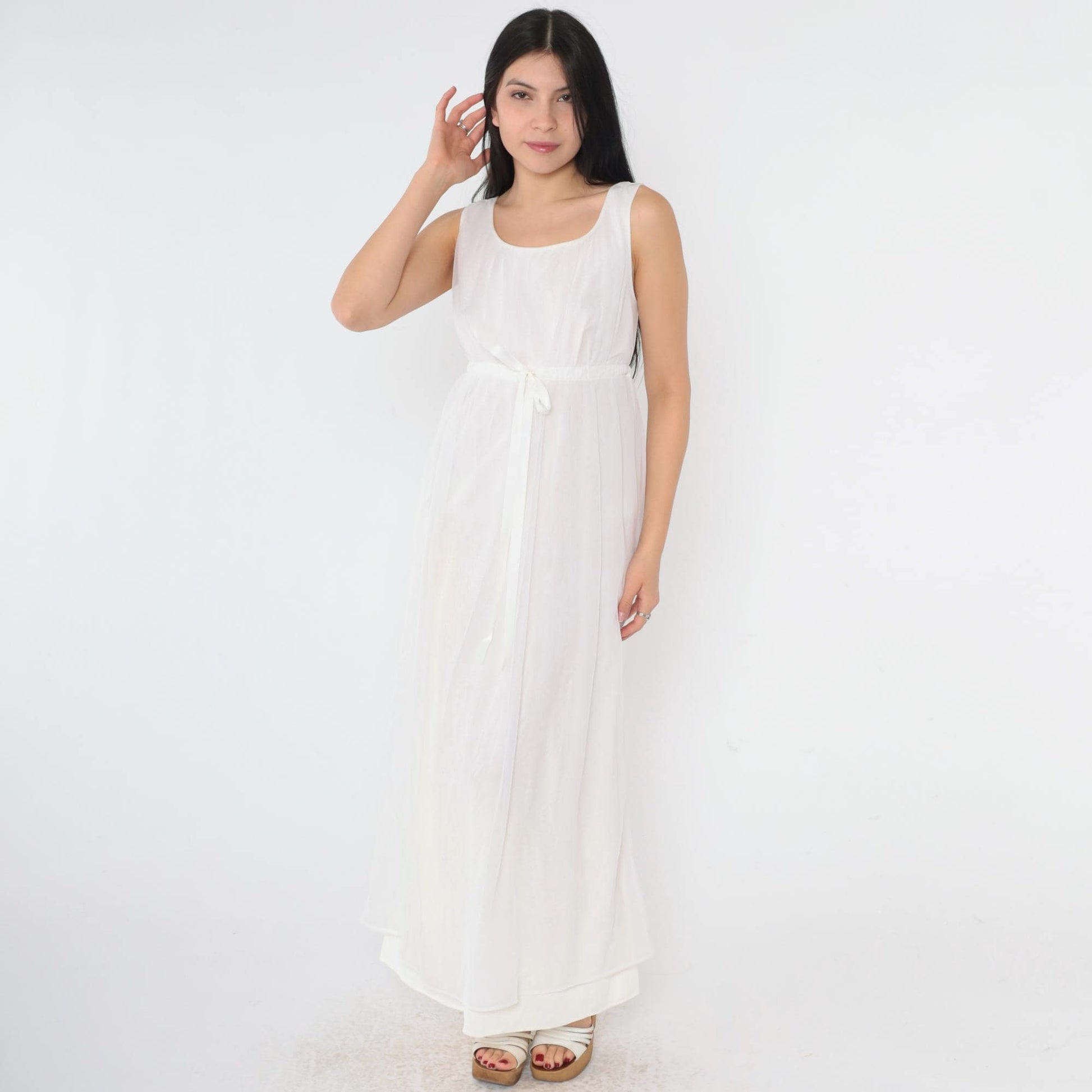 70s White Nylon Maxi Slip Dress Empire Waist Drawstring Scoop Neck Small