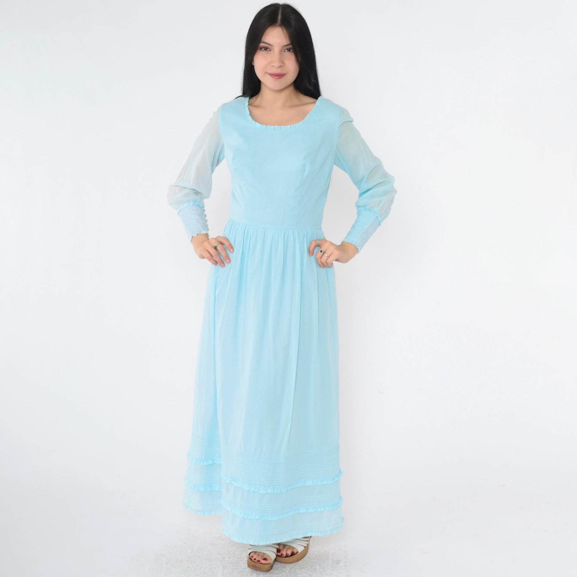 1970s Baby Blue Maxi Dress High Waist Scoop Neck Long Sleeve Ruffled Small