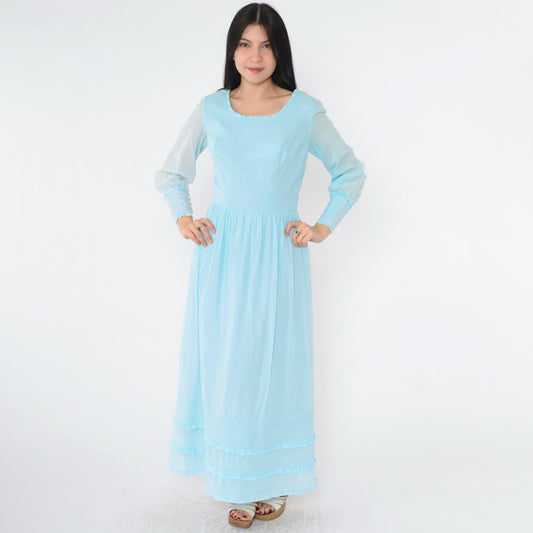 1970s Baby Blue Maxi Dress High Waist Scoop Neck Long Sleeve Ruffled Small