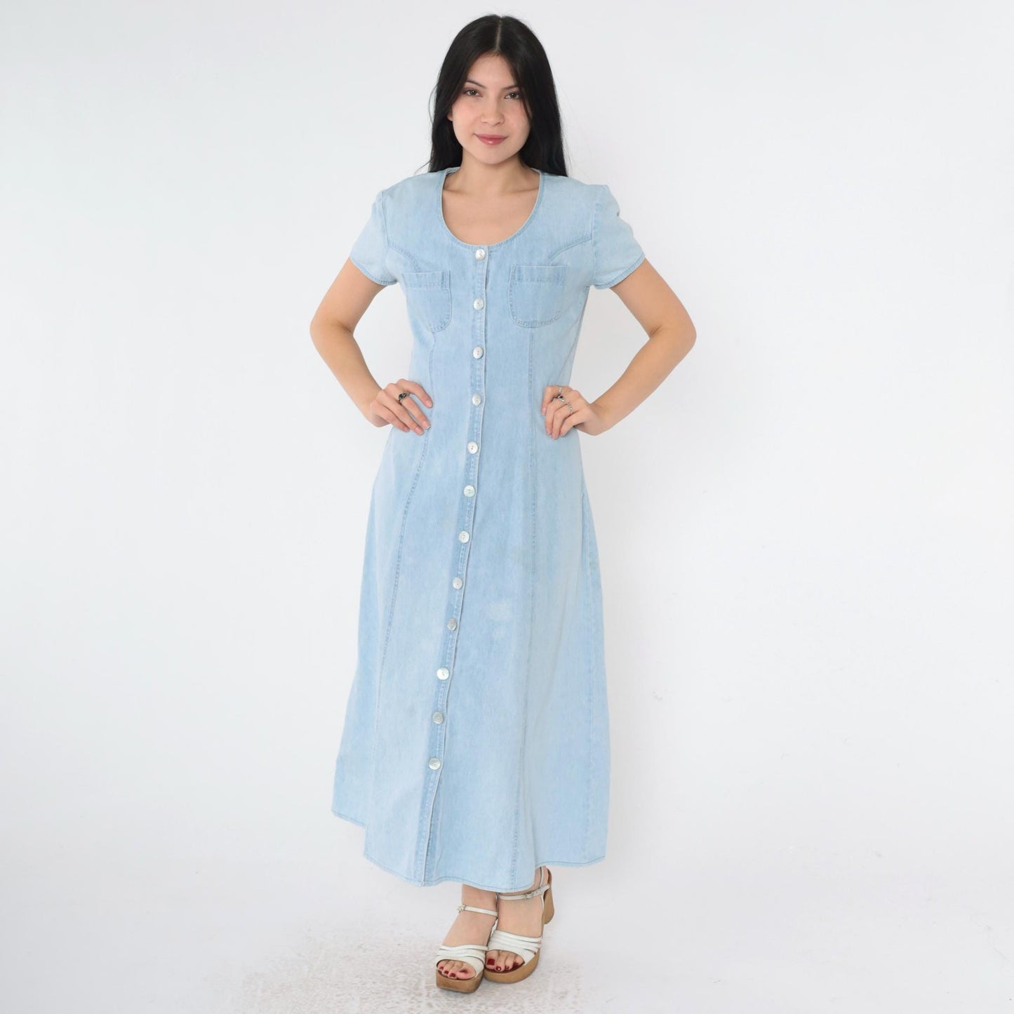 90s Blue Denim Shirtdress Ankle Length Button Up Short Sleeve Small S