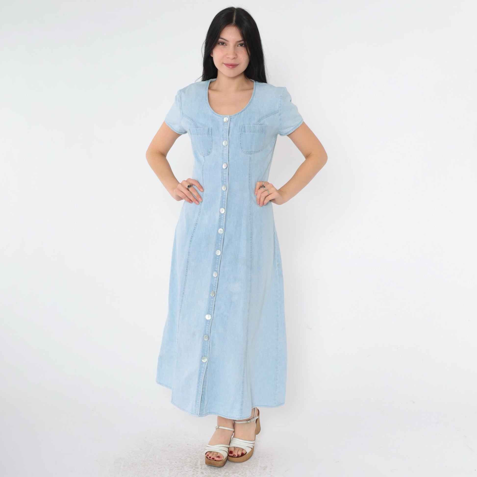90s Blue Denim Shirtdress Ankle Length Button Up Short Sleeve Small S