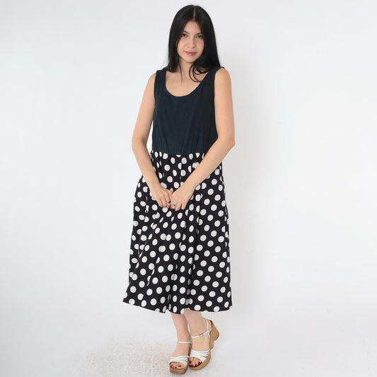 80s Black Polka Dot Midi Dress Sleeveless High Waist Scoop Neck Small