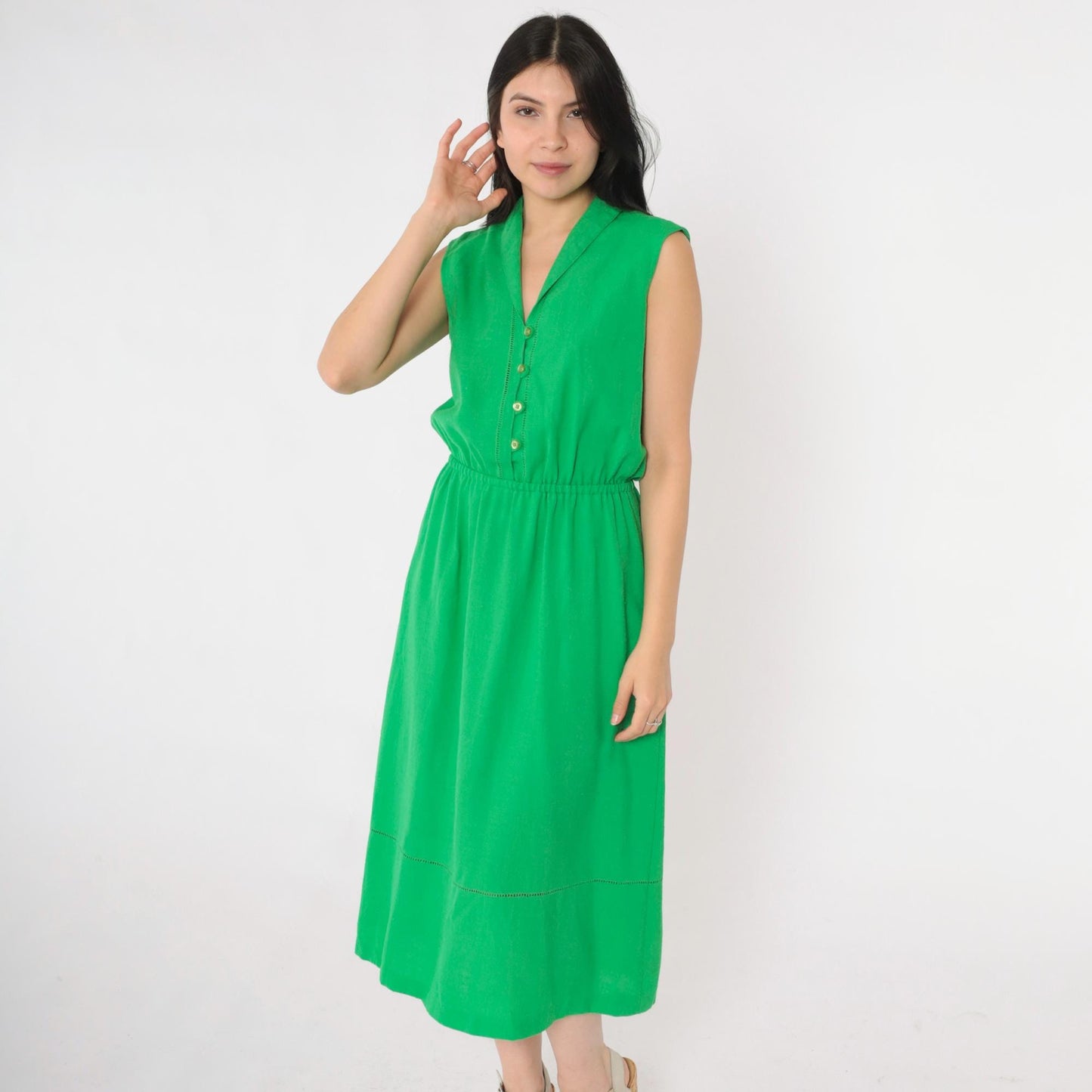 80s Green Linen Midi Dress Collared Button-Up Eyelet Cutwork Small