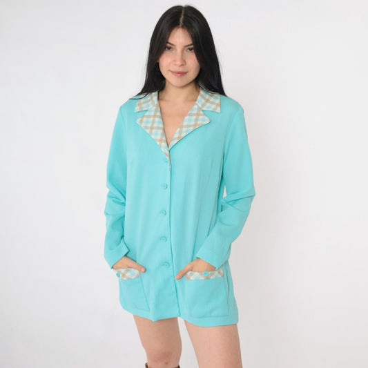 70s Aqua Blue Checkered Collar Blazer Button-Up Jacket Medium