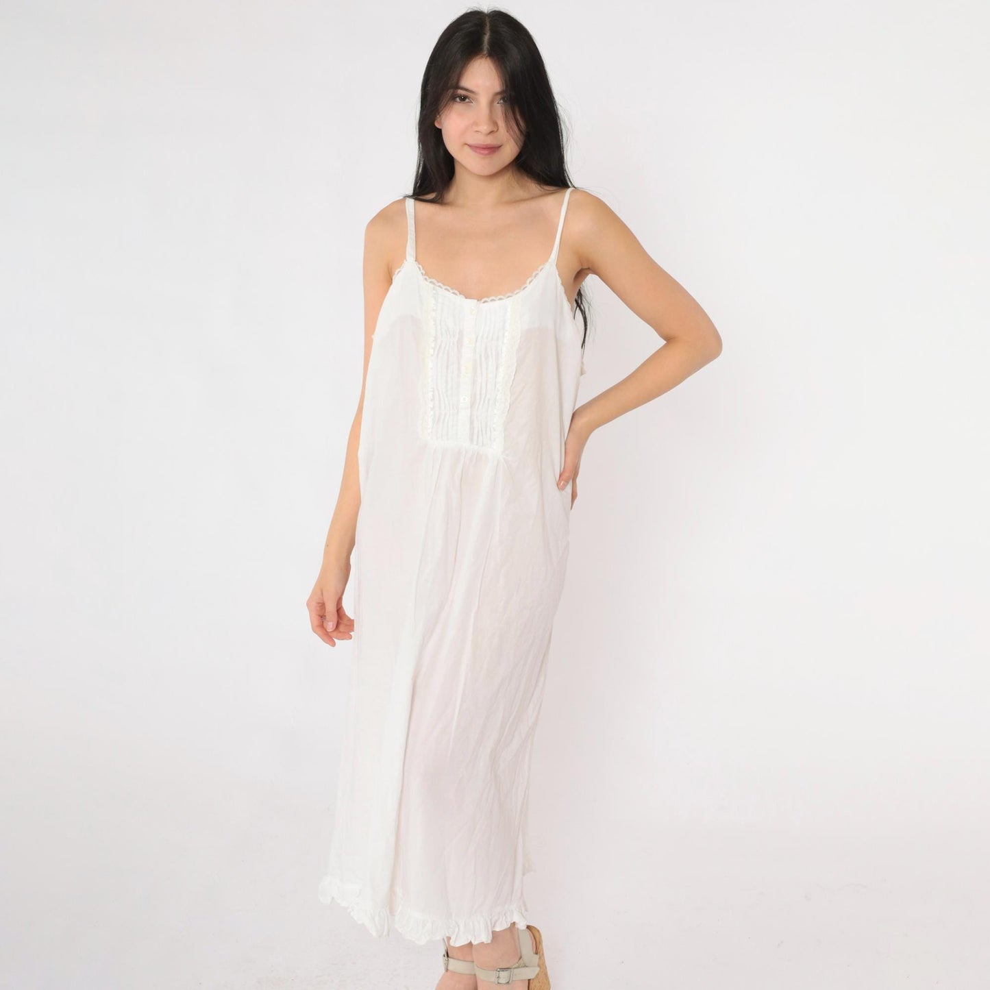 90s Laura Ashley White Cotton Nightgown Pintuck Lace Spaghetti Strap Large