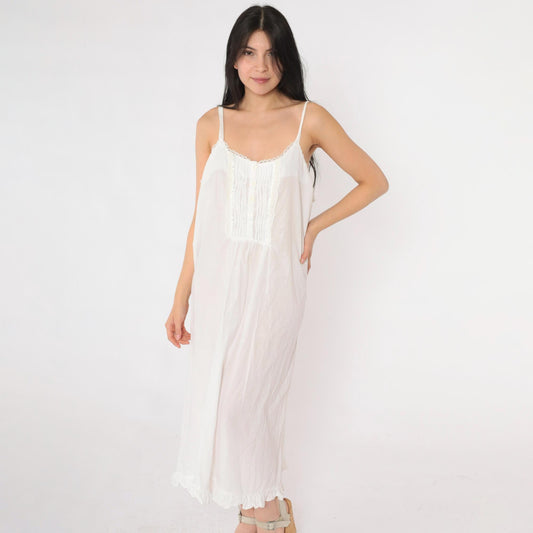 90s Laura Ashley White Cotton Nightgown Pintuck Lace Spaghetti Strap Large