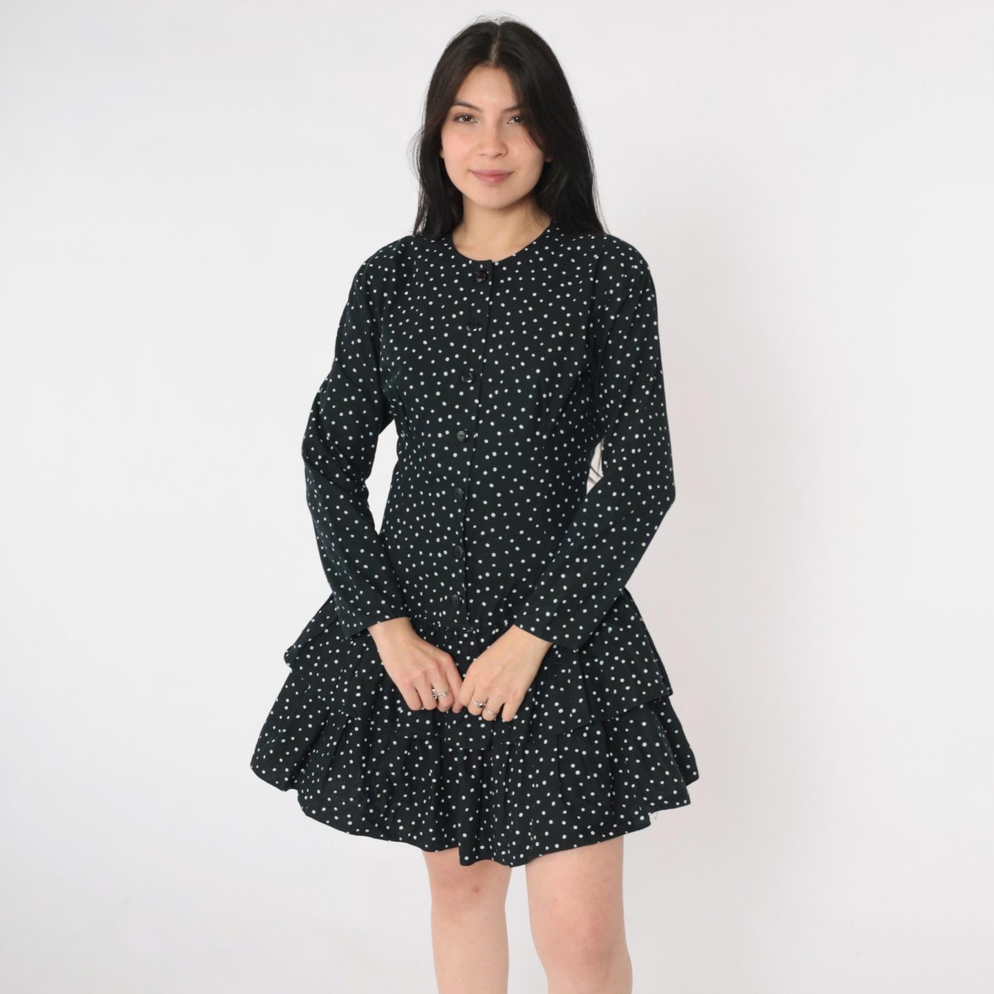 80s Black Polka Dot Mini Dress Button-Up Long Sleeve Tiered Ruffle Small