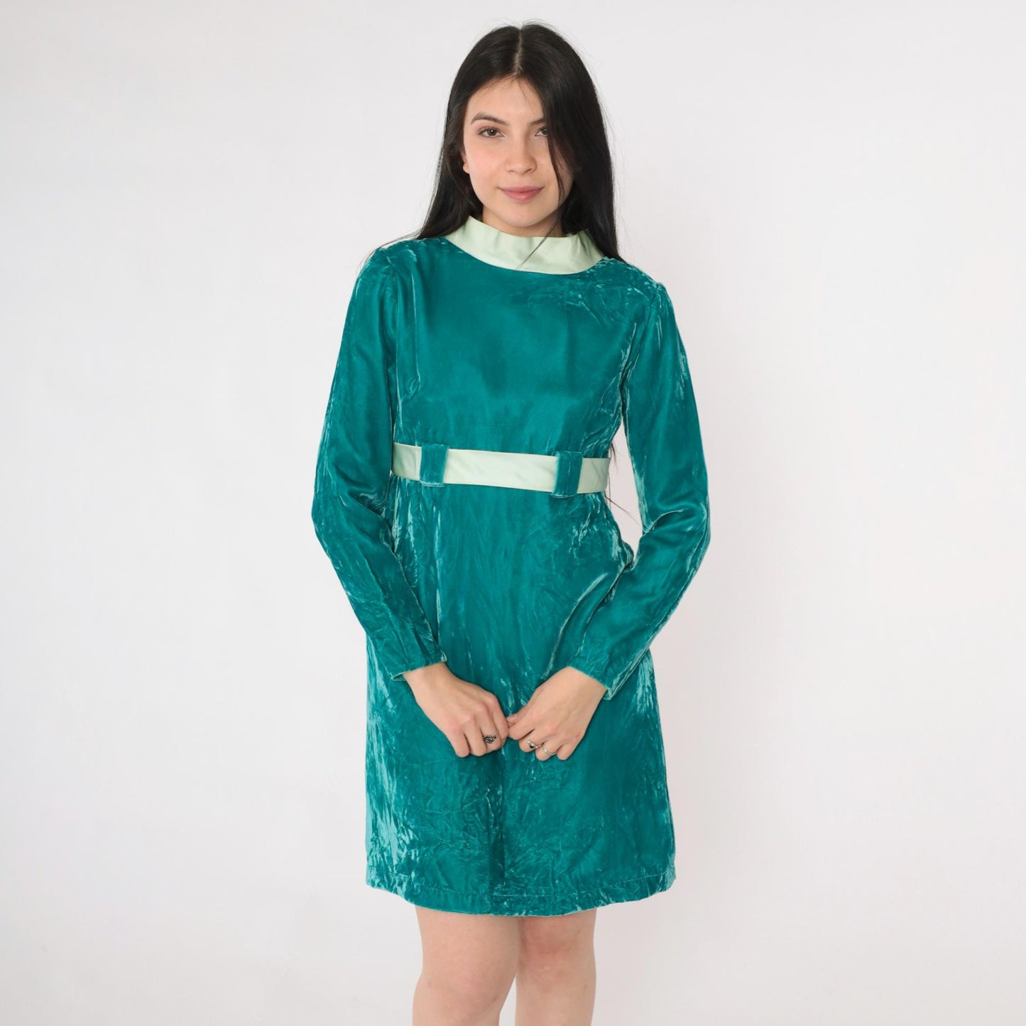 60s Teal Velvet Mini Dress Long Sleeve Empire Waist Bow Small