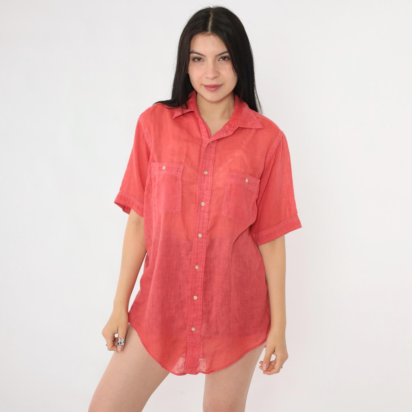 70s Langworthy's Sheer Red Button-Up Shirt Short Sleeve Men's Medium