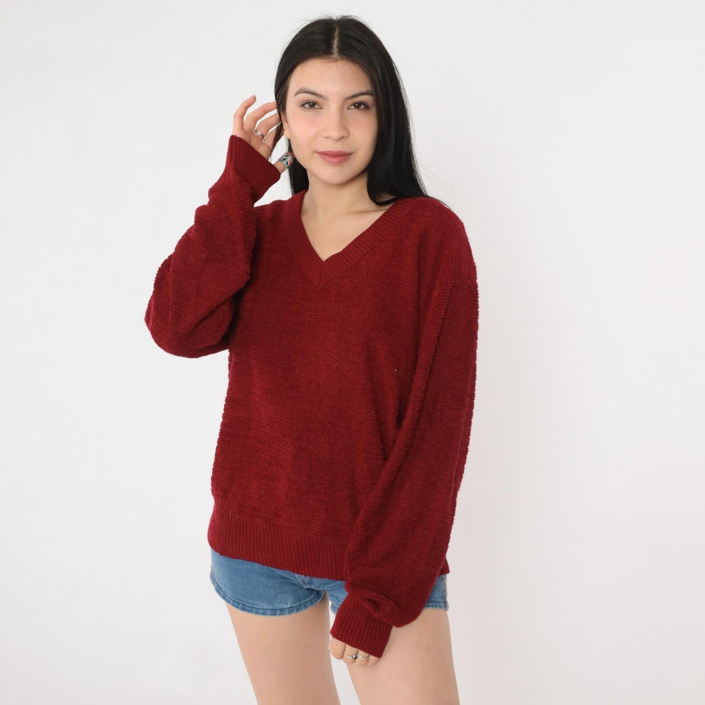 80s Jantzen Loop Knit Sweater Burgundy V-Neck Pullover Medium M