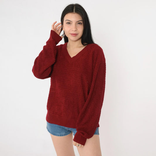 80s Jantzen Loop Knit Sweater Burgundy V-Neck Pullover Medium M