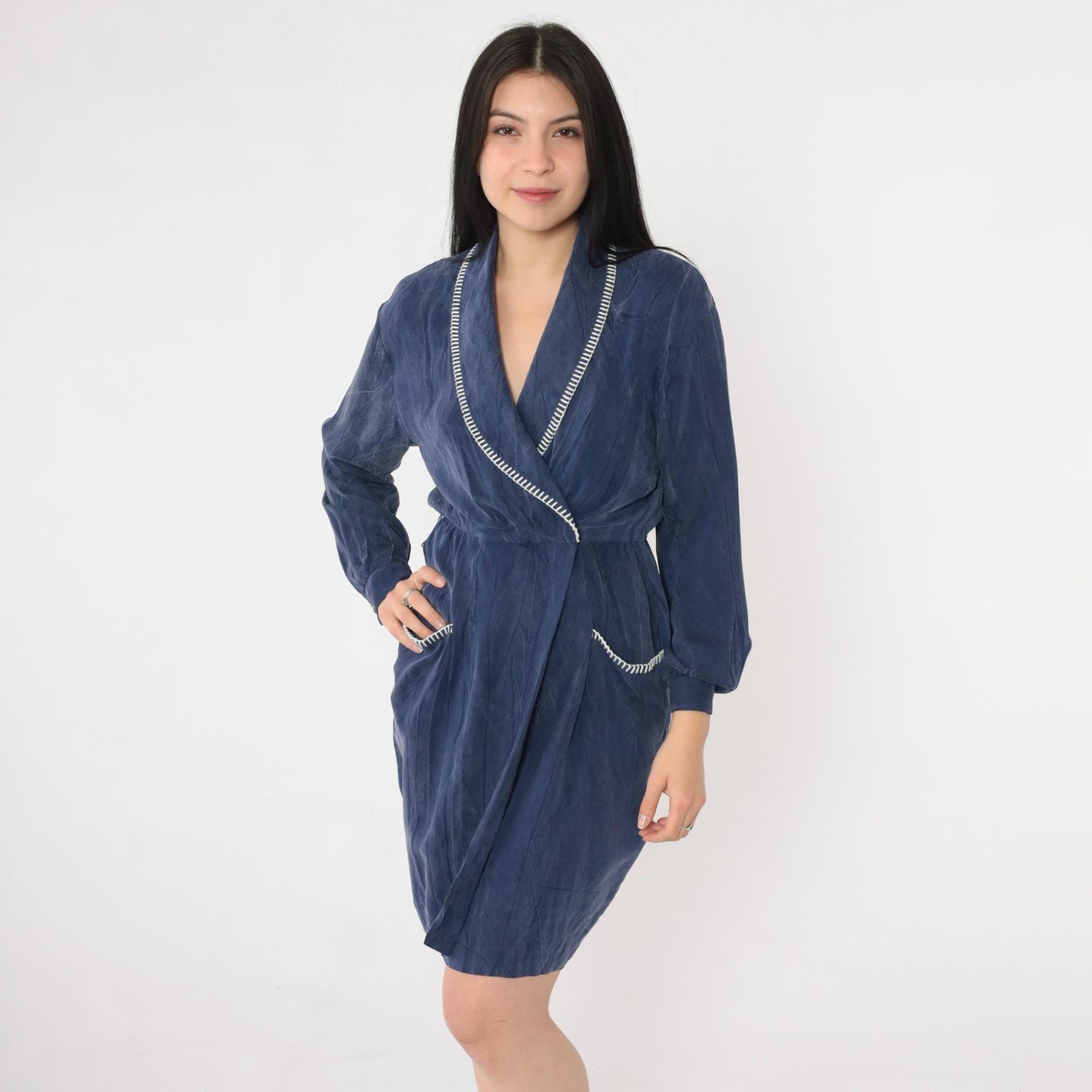 90s Petite Sophisticate Navy Faux Wrap Dress Rayon Shawl Collar Mini Small