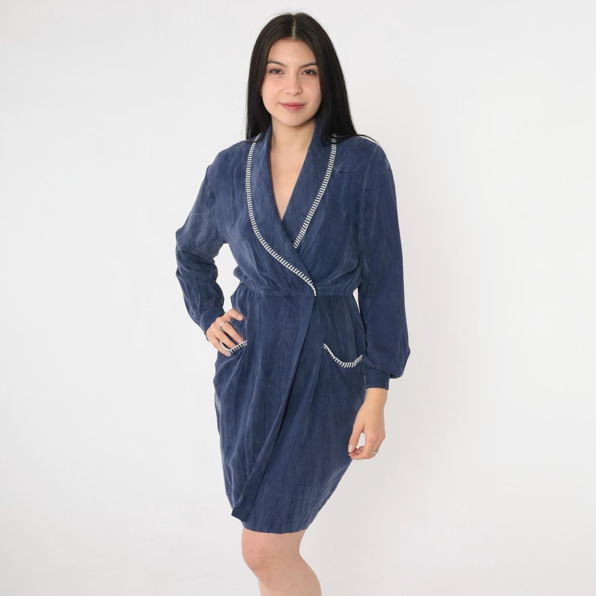 90s Petite Sophisticate Navy Faux Wrap Dress Rayon Shawl Collar Mini Small