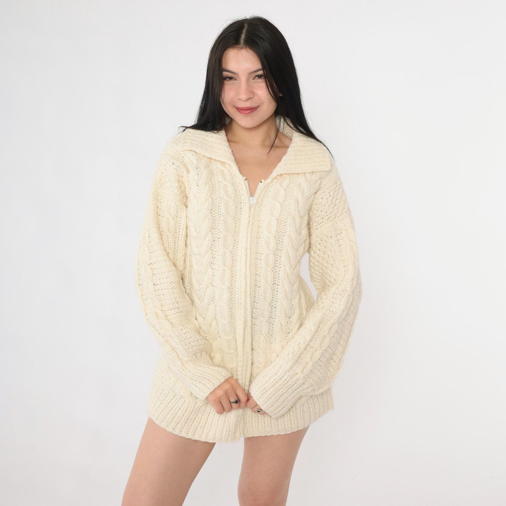90s Cable Knit Zip Cardigan Cream Wool Sweater Medium M