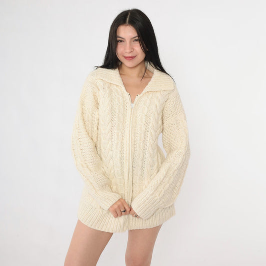 90s Cable Knit Zip Cardigan Cream Wool Sweater Medium M