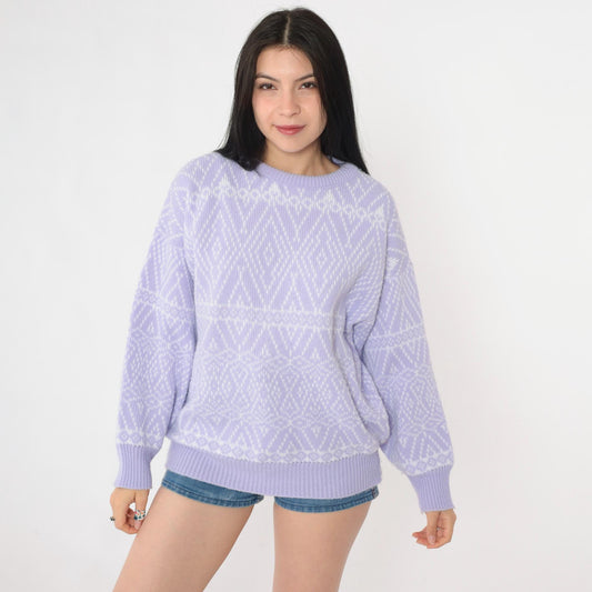 80s Lavender Diamond Geometric Knit Sweater Crewneck Pullover Medium Large