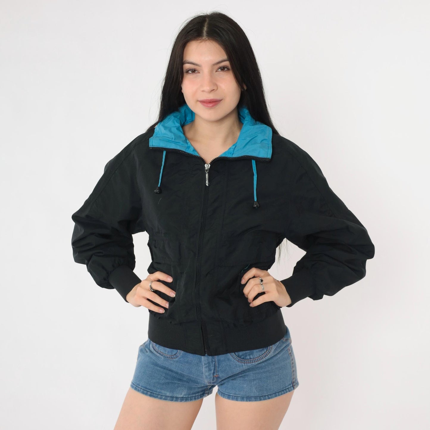 80s Pacific Trail Black Hooded Windbreaker Jacket Blue Trim Extra Small