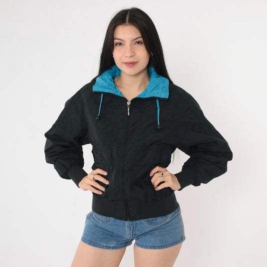 80s Pacific Trail Black Hooded Windbreaker Jacket Blue Trim Extra Small