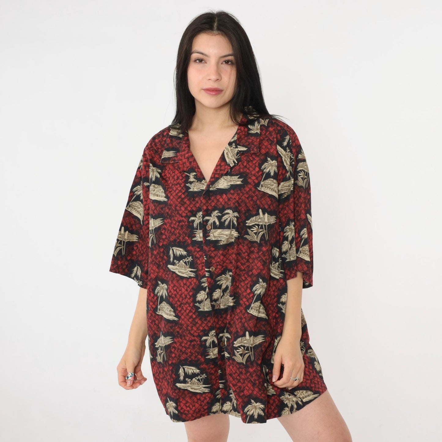 90s Aloha Line Hawaiian Shirt Red Palm Tree Print Button Up XXL