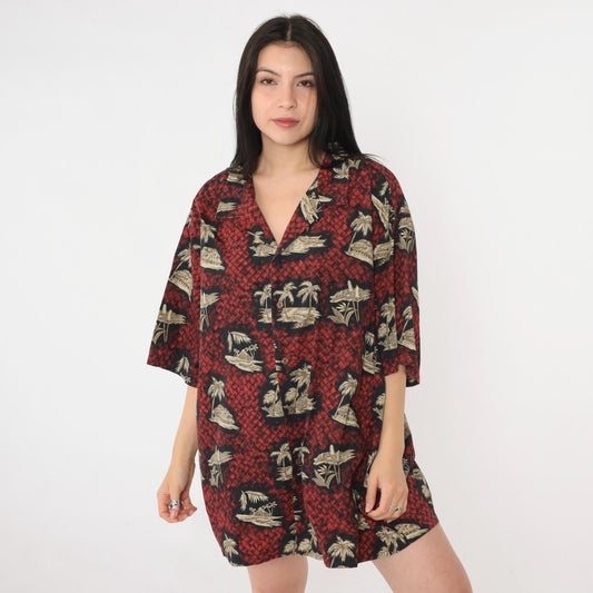 90s Aloha Line Hawaiian Shirt Red Palm Tree Print Button Up XXL