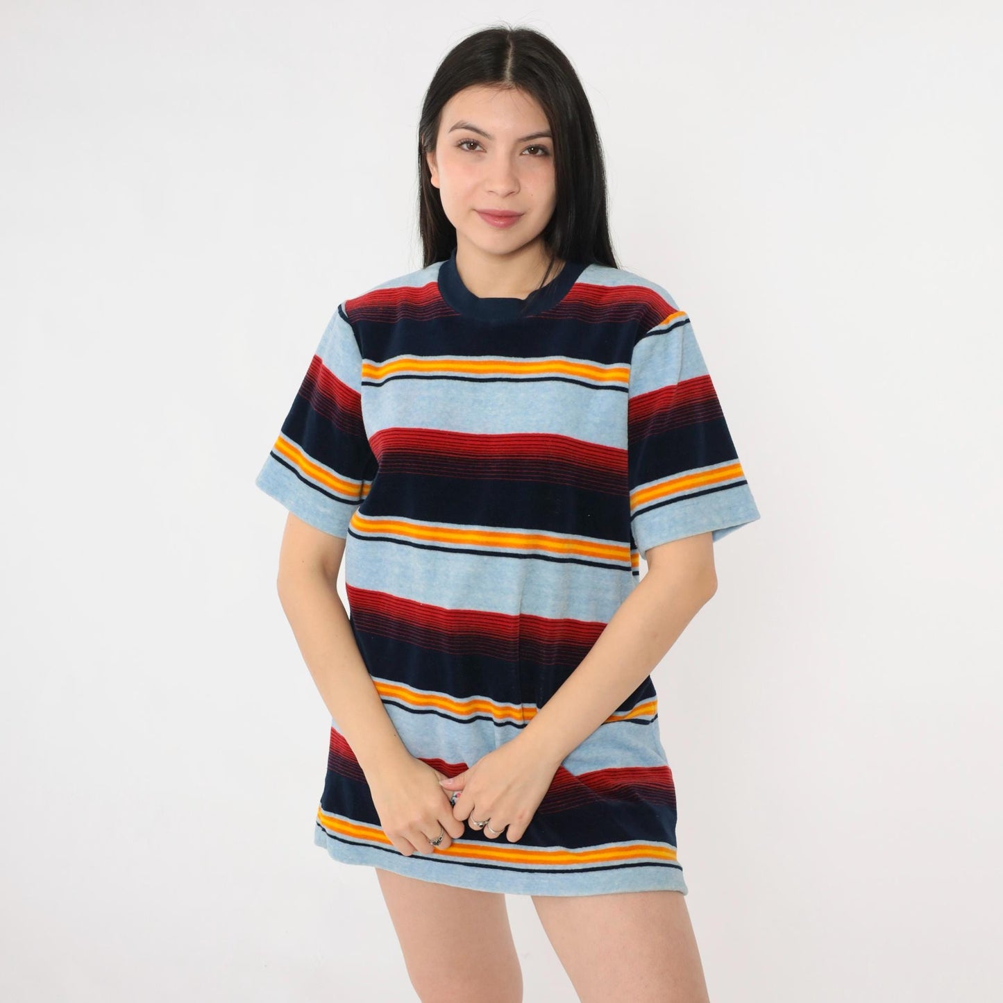 80s Baby Blue Velour Ringer Tee Multicolor Striped Crewneck Medium M
