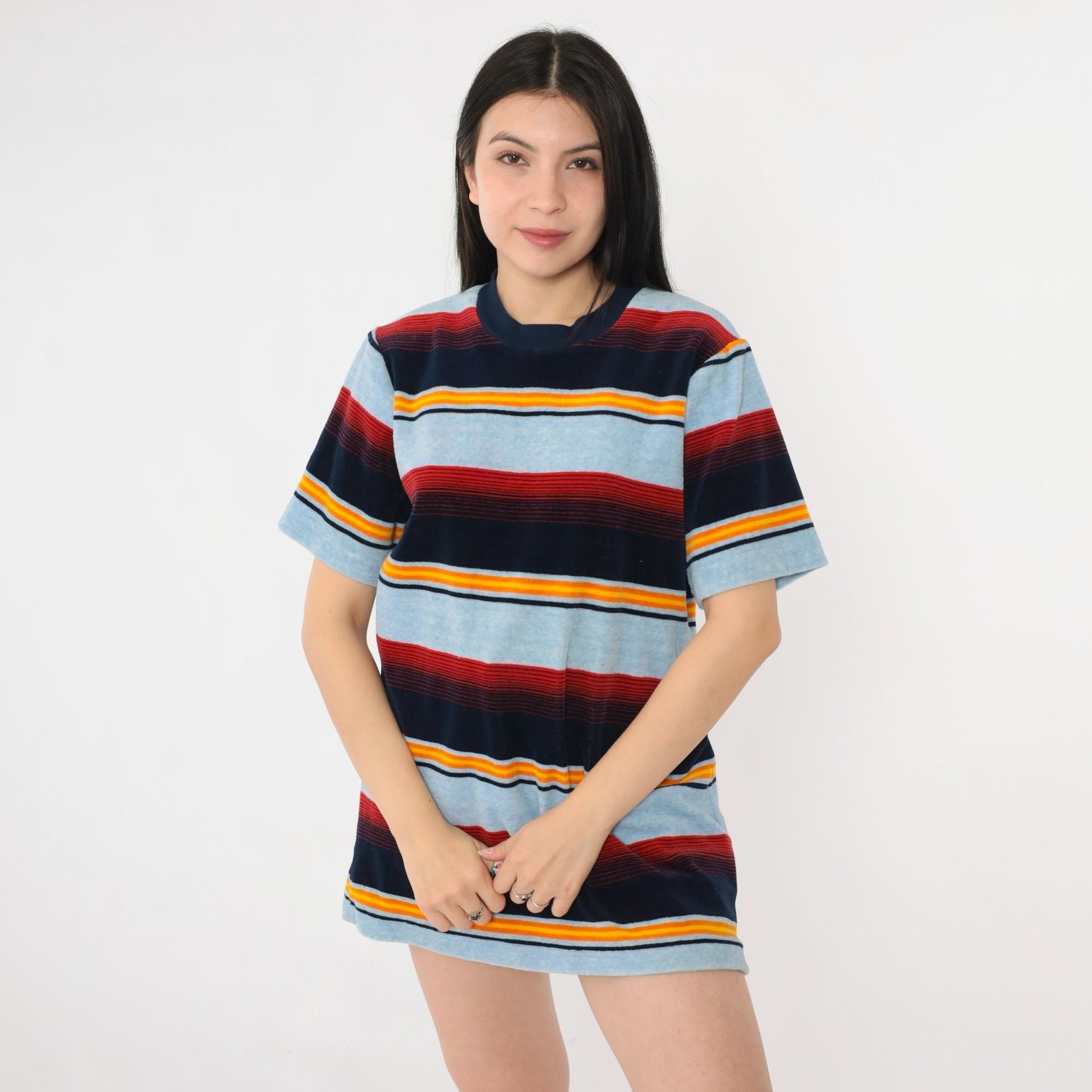 80s Baby Blue Velour Ringer Tee Multicolor Striped Crewneck Medium M