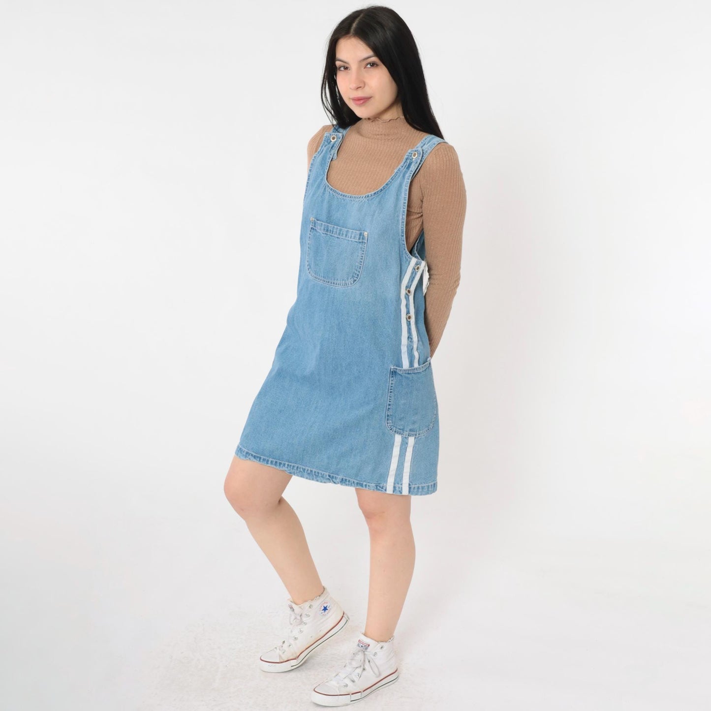 Y2K Rue 21 Denim Jumper Dress Blue Striped Mini Sleeveless Medium M