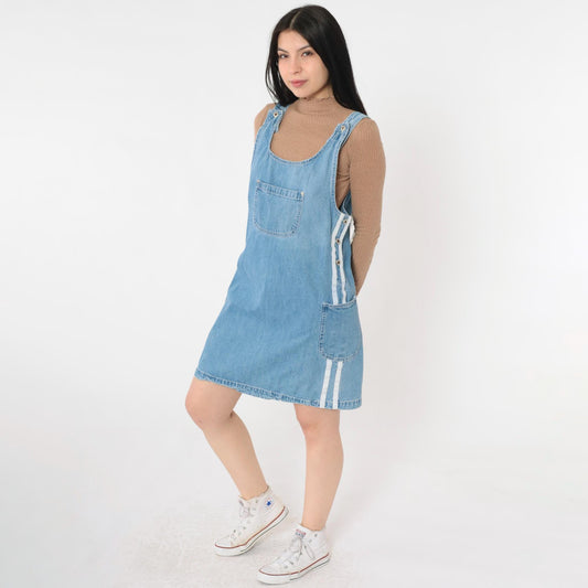 Y2K Rue 21 Denim Jumper Dress Blue Striped Mini Sleeveless Medium M