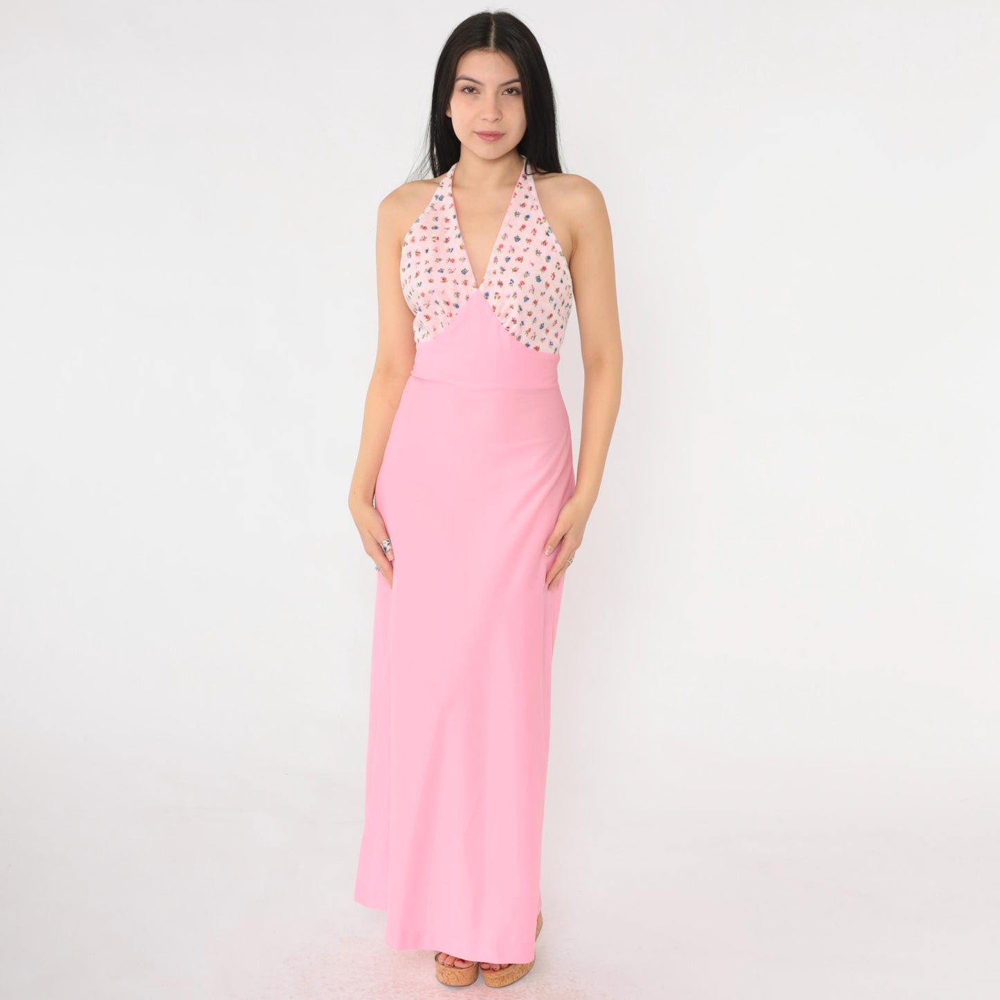 70s Pink Floral Halter Maxi Dress Empire Waist Open Back Extra Small