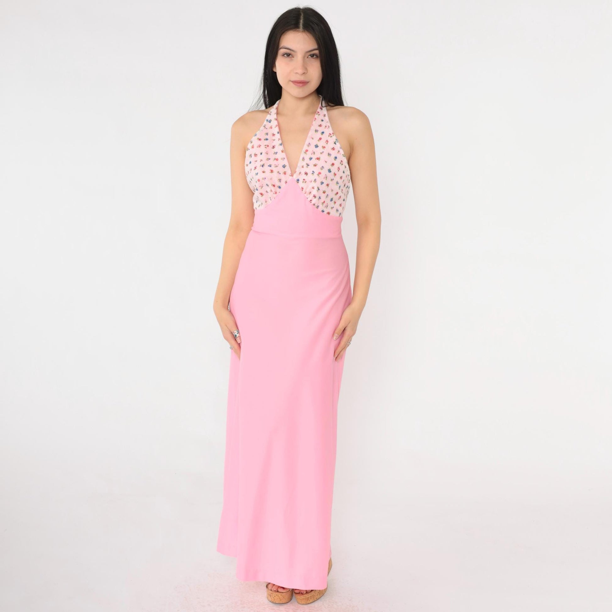 70s Pink Floral Halter Maxi Dress Empire Waist Open Back Extra Small