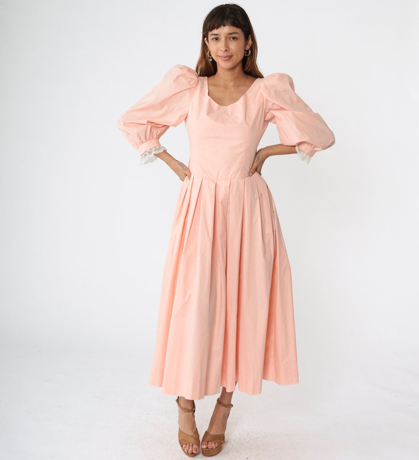 80s Baby Pink Puff Sleeve Midi Dress Lace Trim Pleated Scoop Back Small