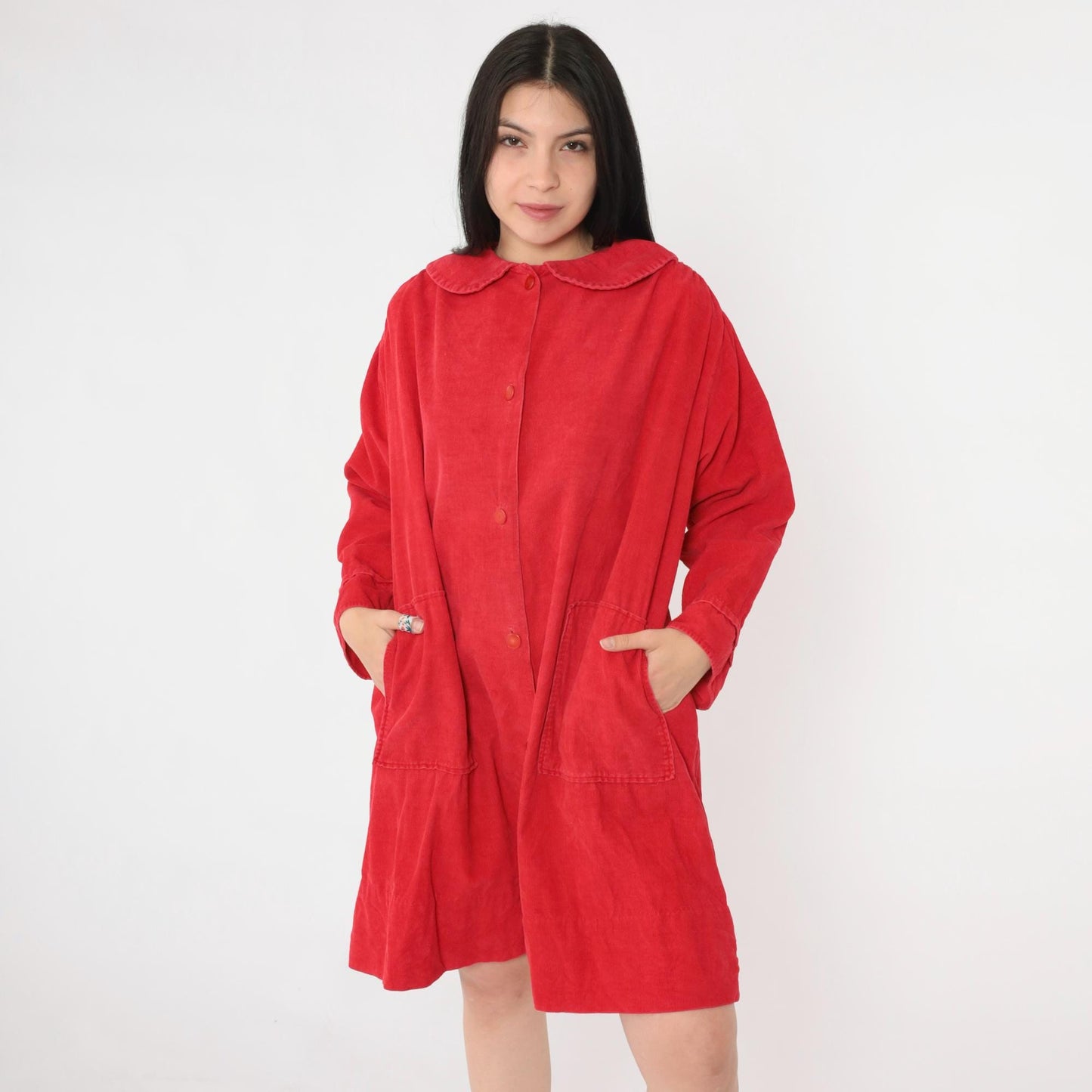 60s Red Corduroy Mini Dress Peter Pan Collar Button Front Shift Medium