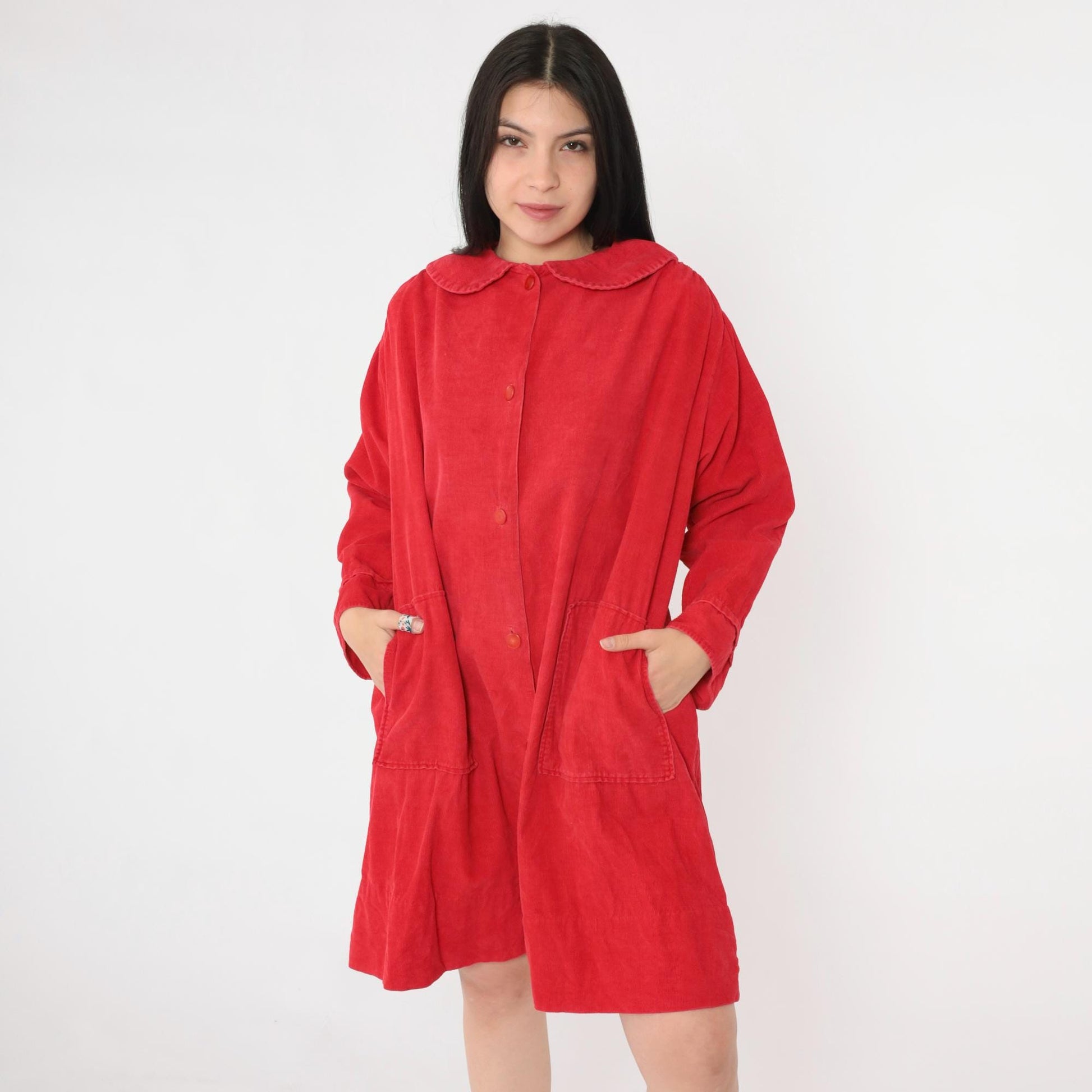60s Red Corduroy Mini Dress Peter Pan Collar Button Front Shift Medium