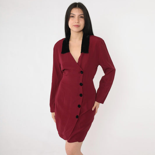 90s Burgundy Velvet Collar Mini Dress Button-Up Sheath Long Sleeve Small