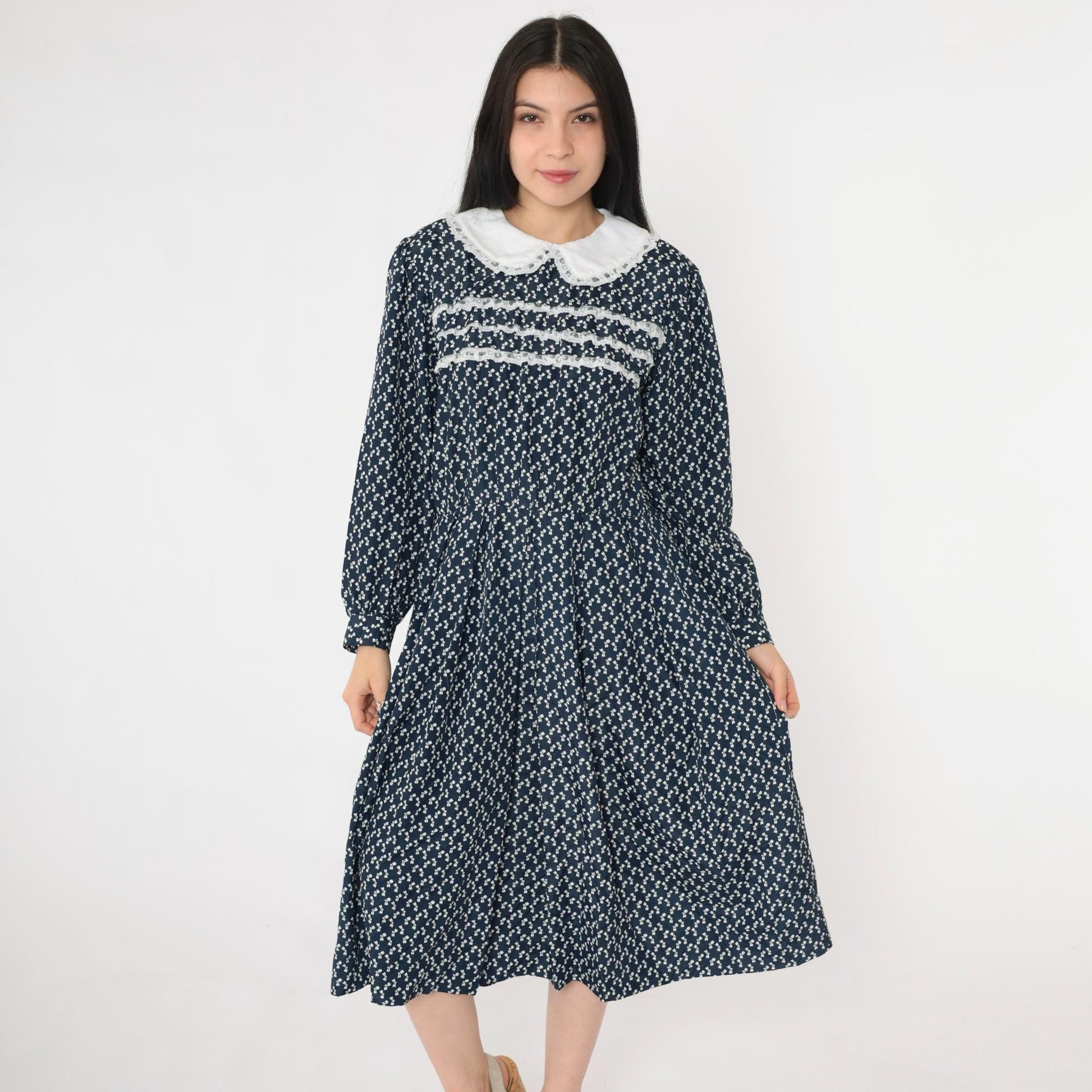 80s Navy Bow Print Midi Dress Peter Pan Collar Lace Trim Long Sleeve Medium Large