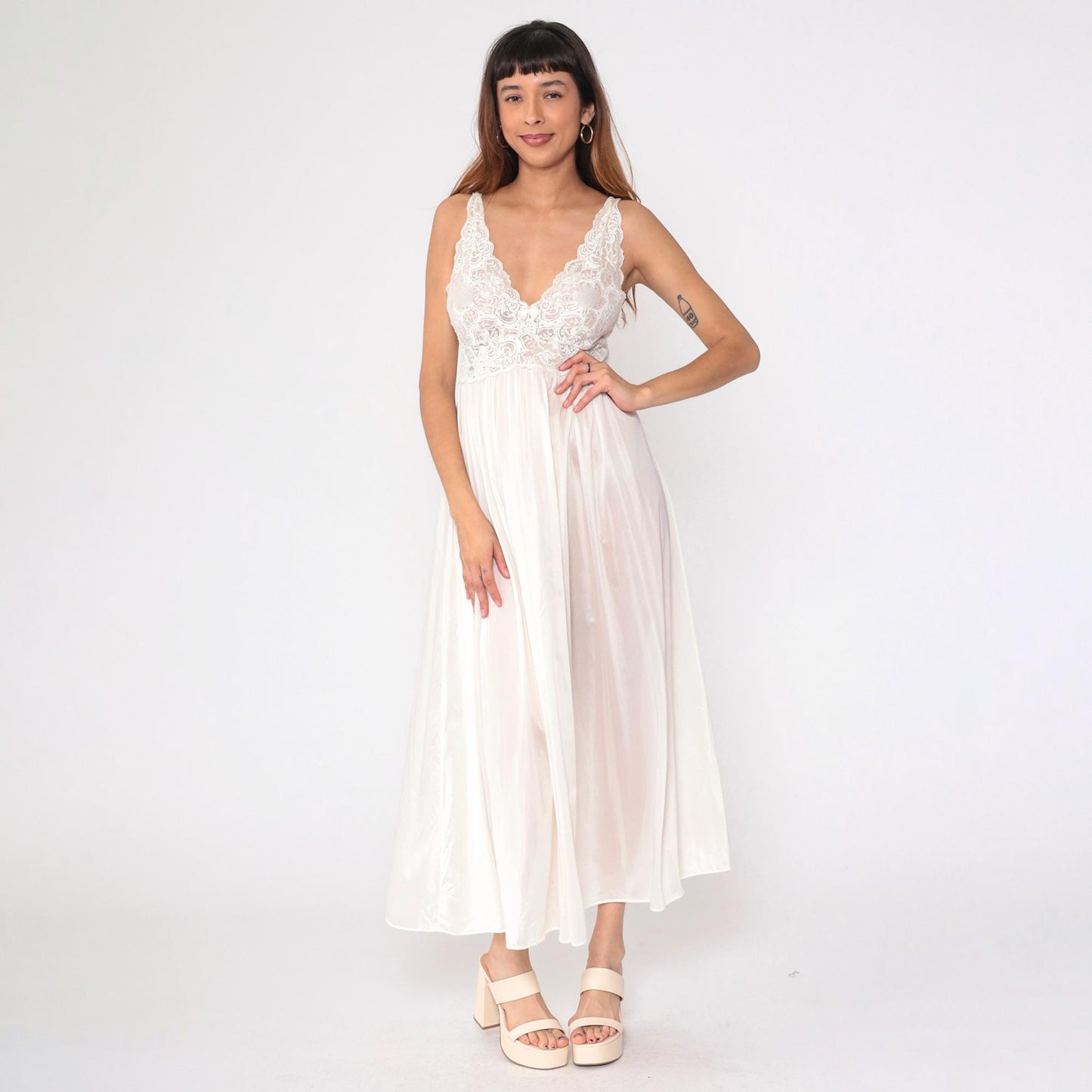 80s Shadowline White Lace Maxi Nightgown Sheer V-Neck Sleeveless Small