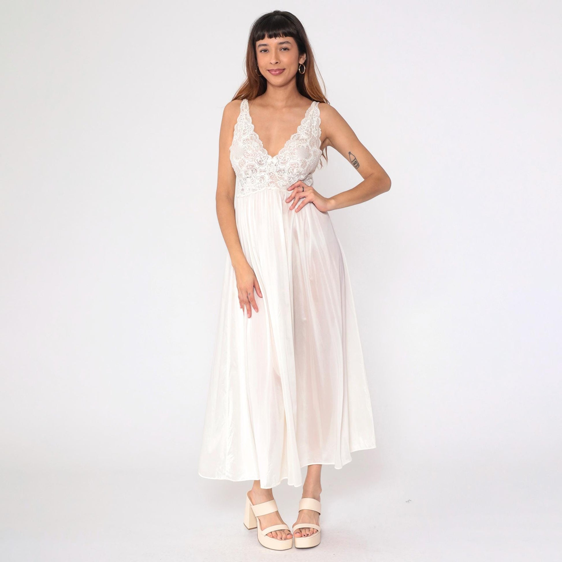 80s Shadowline White Lace Maxi Nightgown Sheer V-Neck Sleeveless Small