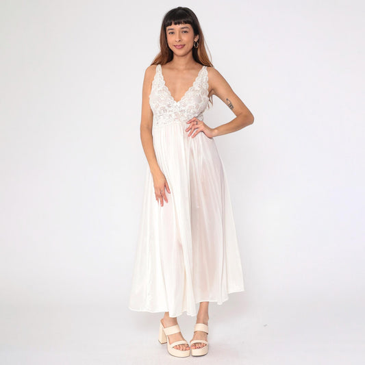 80s Shadowline White Lace Maxi Nightgown Sheer V-Neck Sleeveless Small