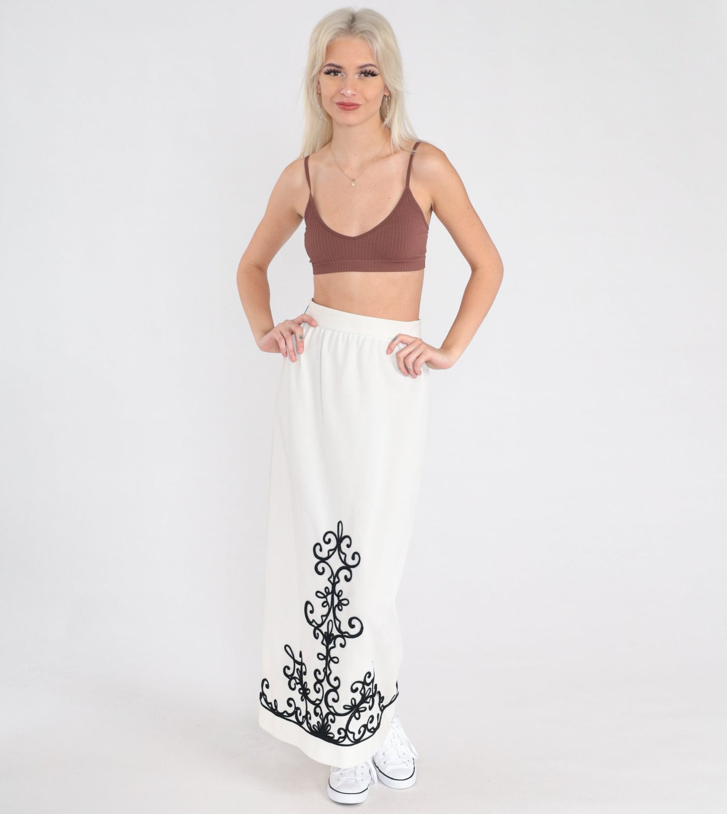 70s White Maxi Skirt Black Soutache Trim High Waist Column Extra Small