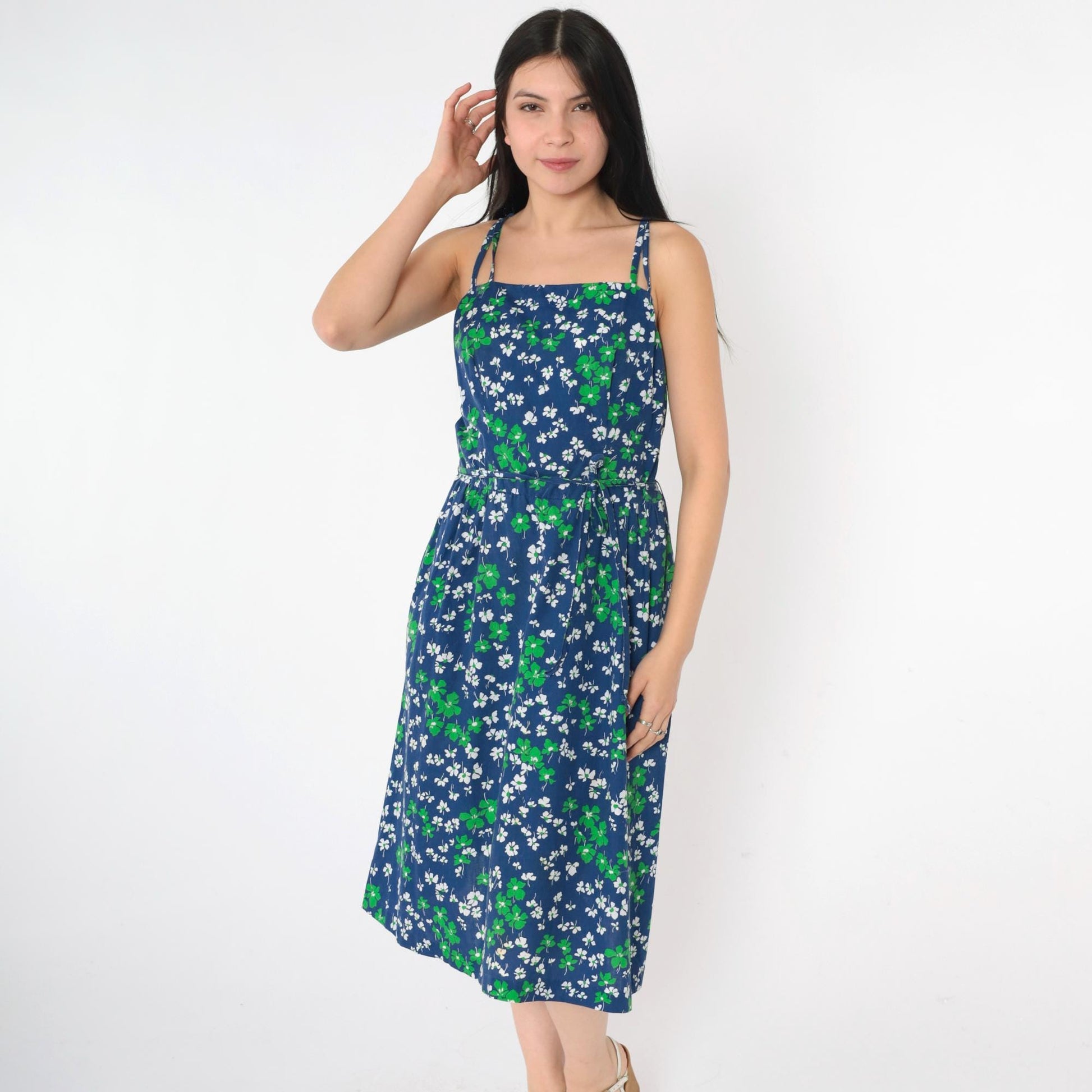 70s Blue Floral Midi Sundress Smocked High Waist Spaghetti Straps Medium