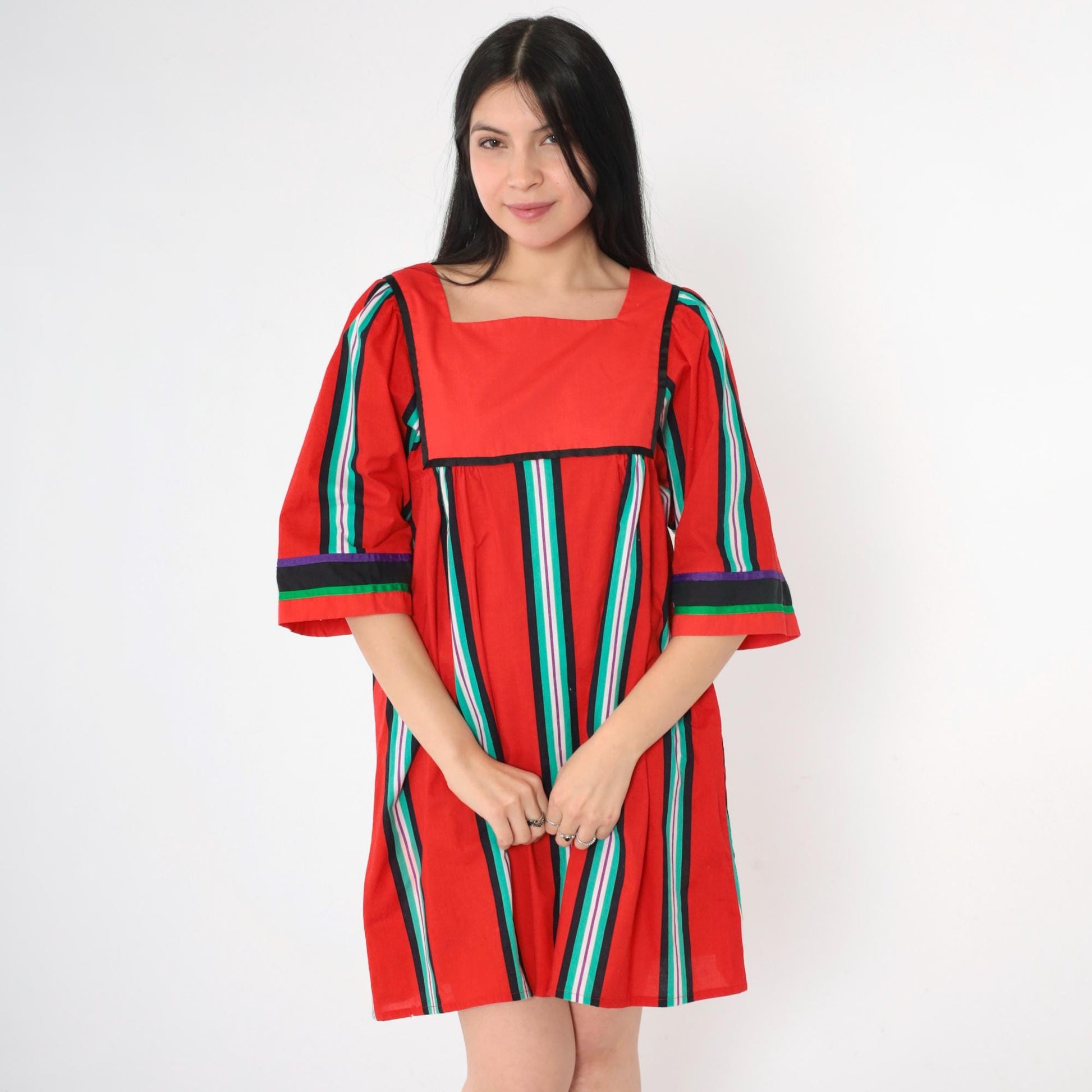70s Liberty House Hawaiian Mini Dress Red Striped Tent Cut Medium